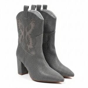 NWOT MIA Gypsi Western Cowgirl Boots 8.5 M Silver Pointed Toe Shimmer Block Heel